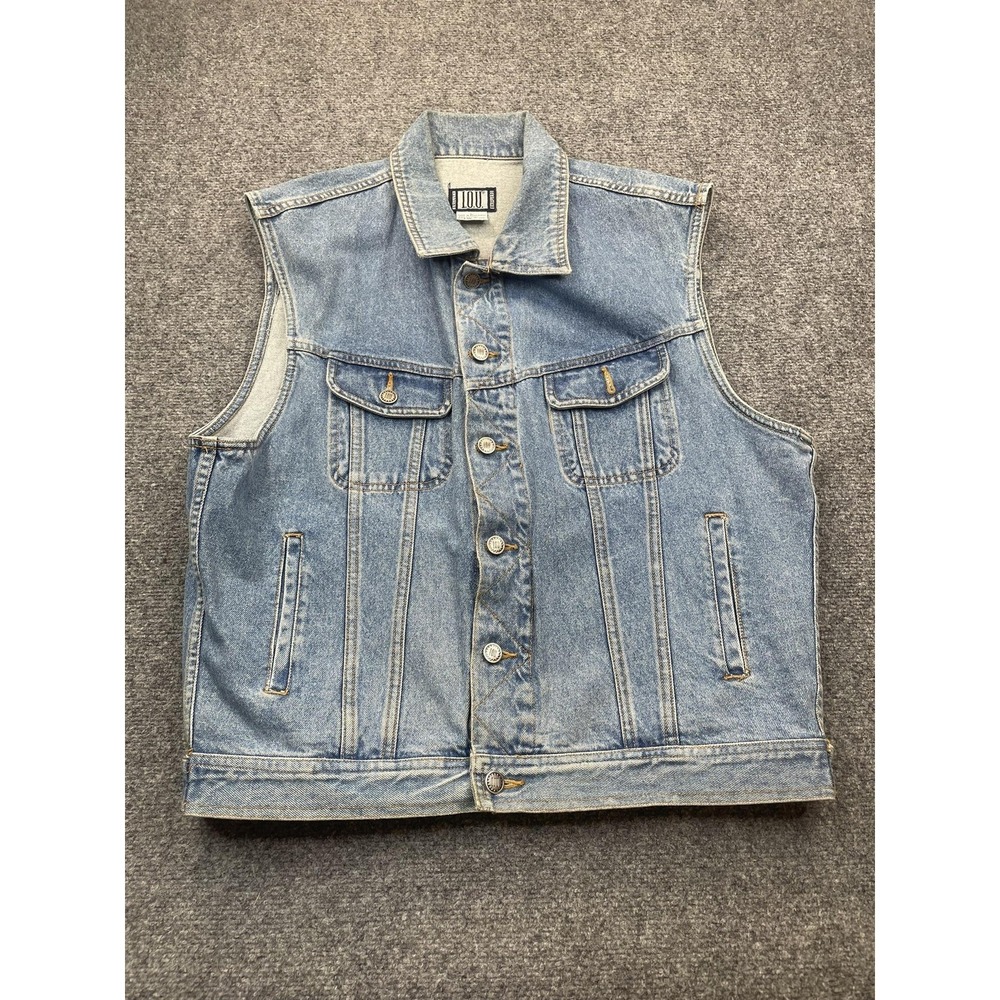 Lou Vest Mens L Blue Denim Collared Pockets Button Unlined Biker‎ Short